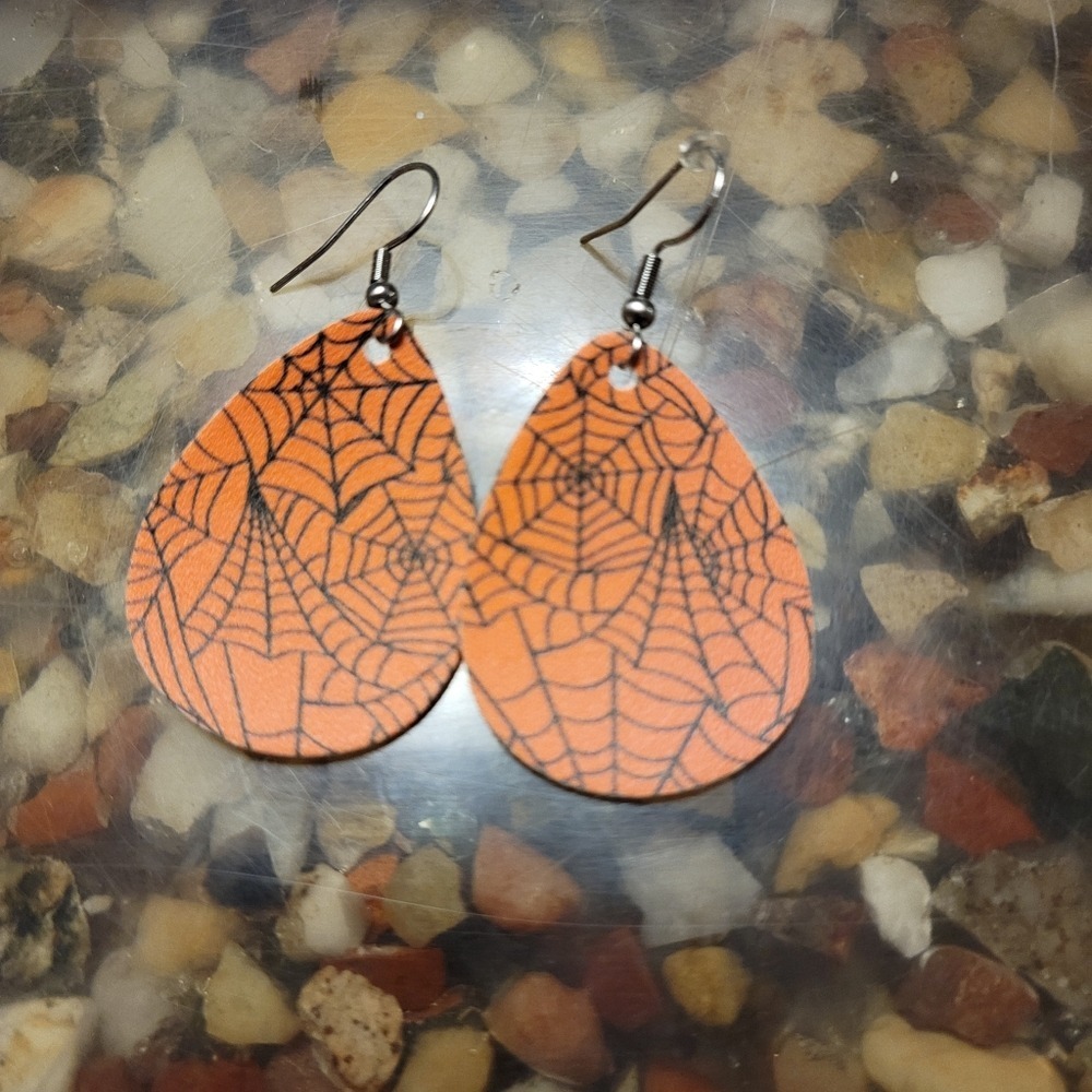 Small leather tear‎ drop orange spider web earrings Holloween holiday earings